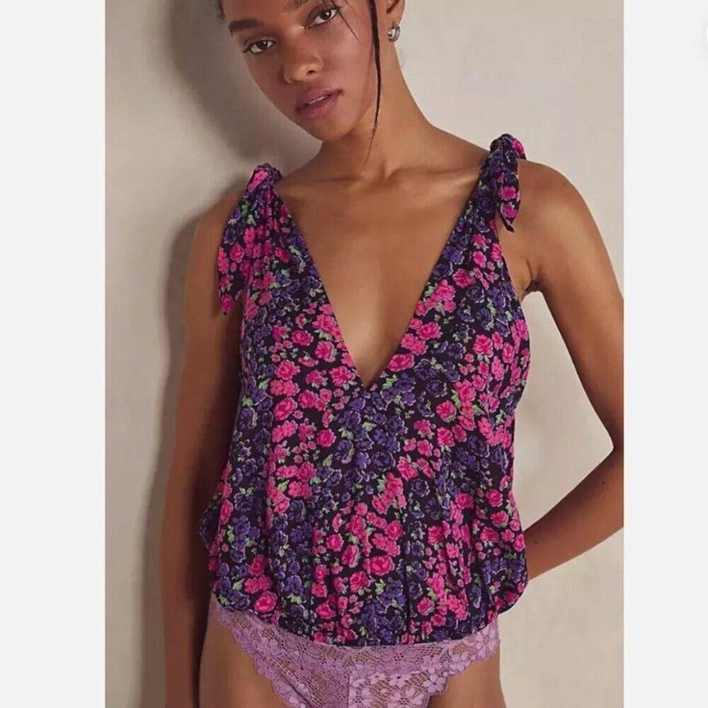 Intimately Free People Bare It All Tie Tank Bodysuit Pink Floral Size Medium